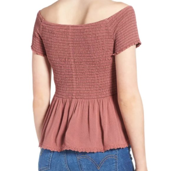 CHLOE & KATIE OFF THE SHOULDER SMOCKED TOP - Picture 2 of 8